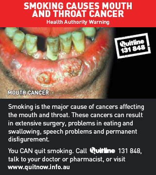 Aussie 2006 Health Effects mouth PACK - diseased organ, mouth & throat cancer, gross package back
